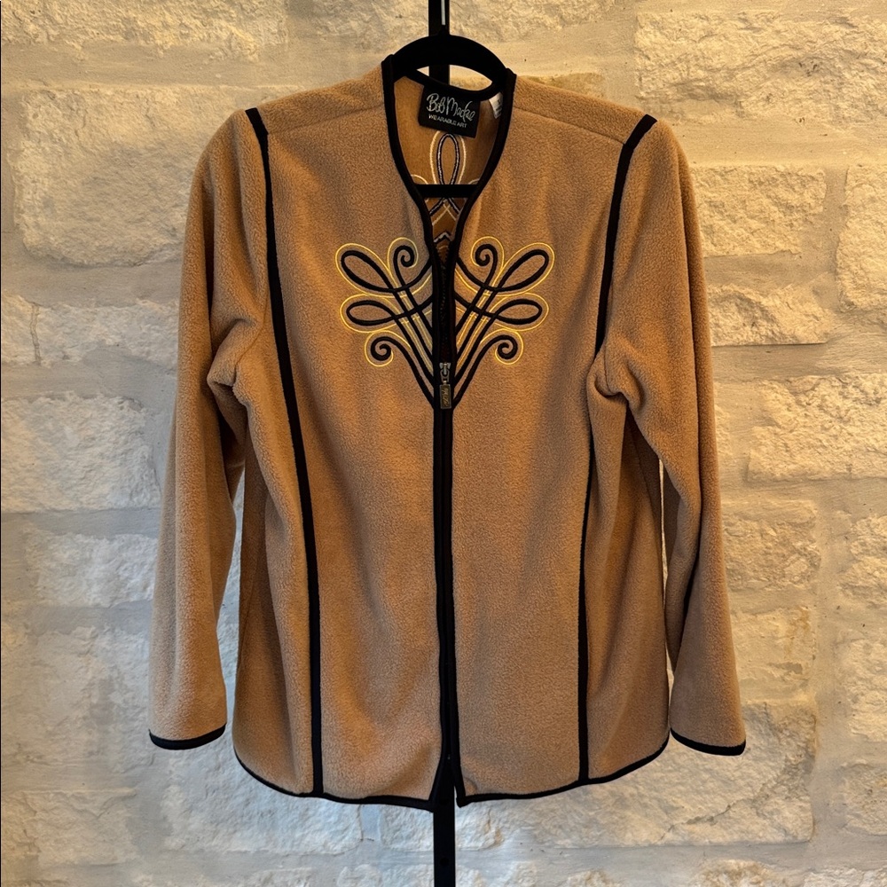 Tan Embroidered Sweater with Black Trim, Zipper -Women’s Small